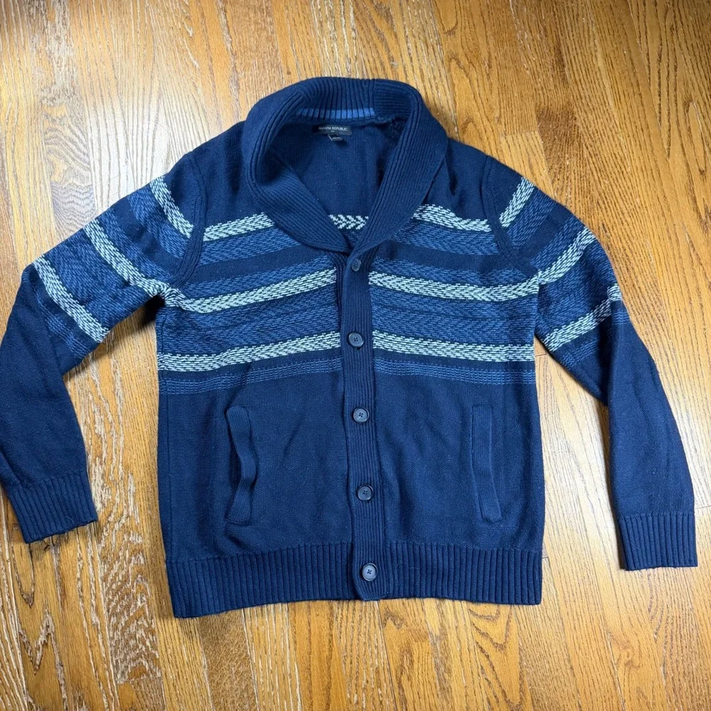 Banana Republic Mens Navy Blue Striped Shawl Collar Cardigan Sweater Large Wool